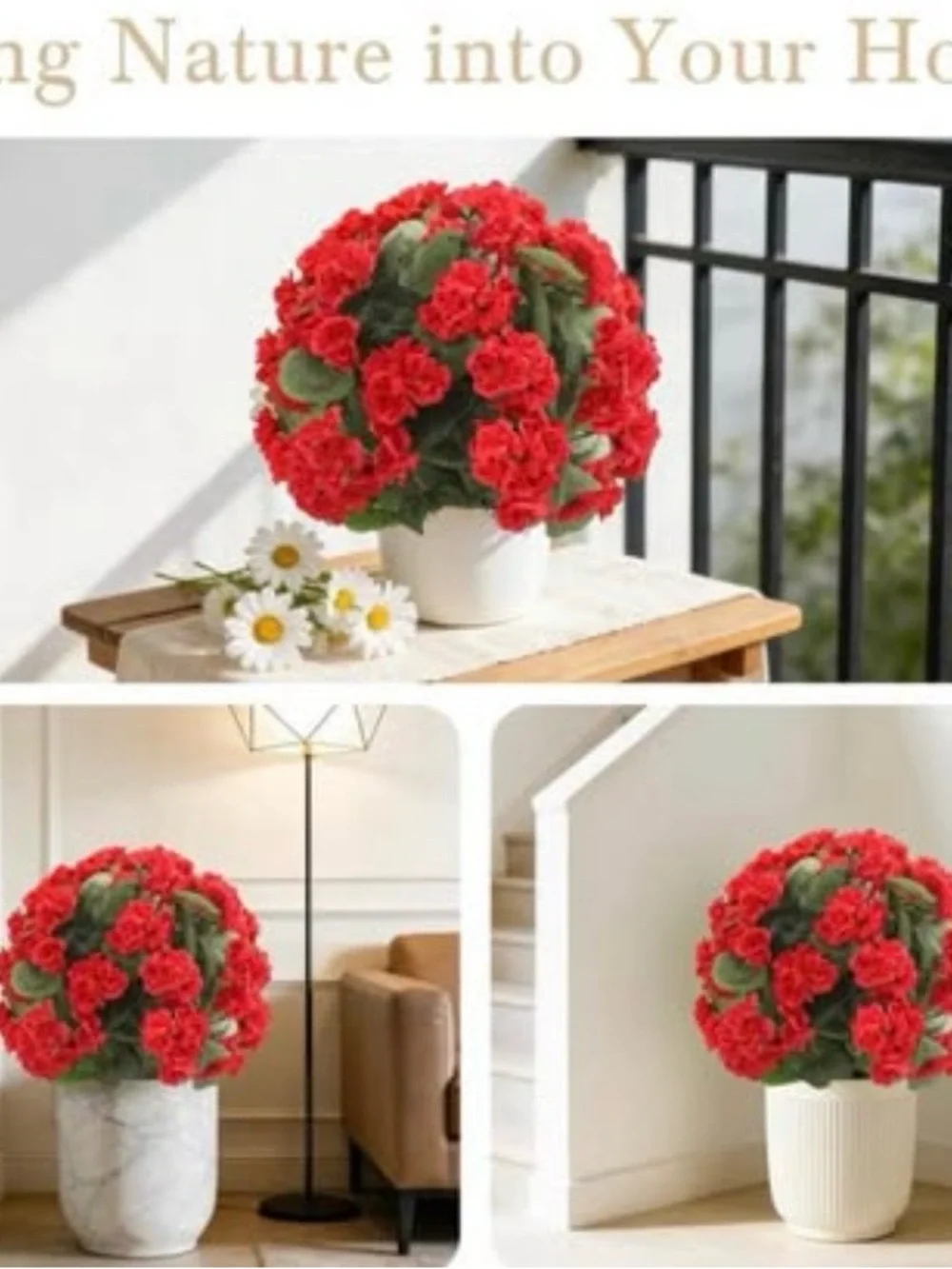 New Set of 2 Artificial Geranium Topiary Trees UV Resistant Outdoor / Indoor